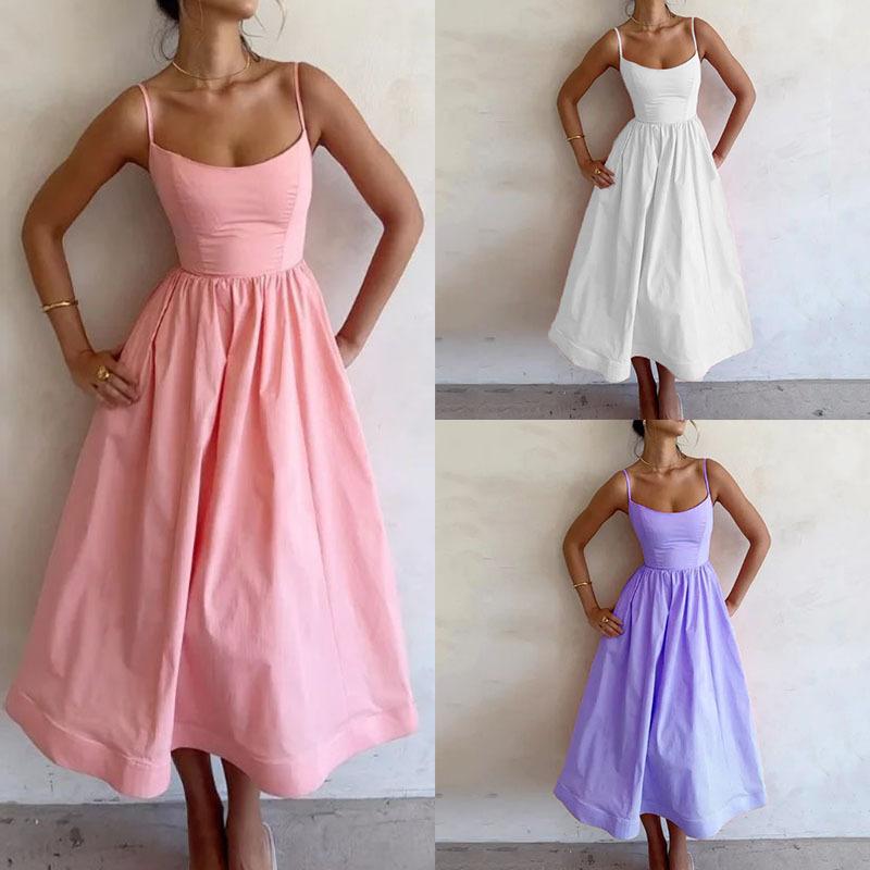Designer New Women Summer Sleeveless Halter Dress High Waist Solid Color Big Swing Casual Elegant Dress S-3XL