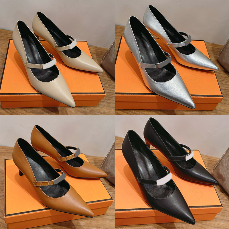 Metallic Pointed Mary Jane High Heels High Quality Leather Multi Functional Anti Slip Heel Ladies Formal Dress Shoes Womens Single Shoes Slim Heels