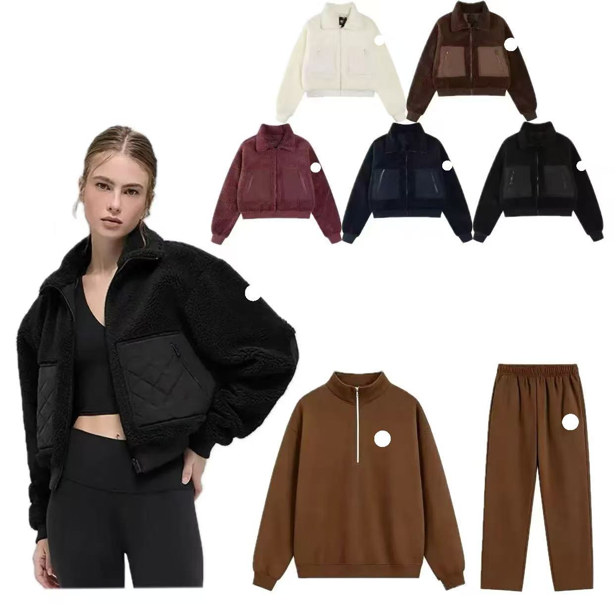Designer Womens Lamb Wool Yoga Jacket -Thick Fleece Zipper Coat with Hoodie - NavyBlue Crop Top & Long Legging Sports Set hot