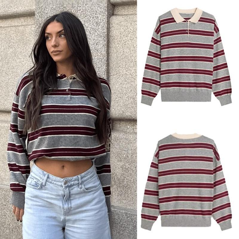 Pull en tricot à manches longues et col Polo pour femme, haut ample et décontracté, rayé, bloc de couleurs, Patchwork, Streetwear, automne
