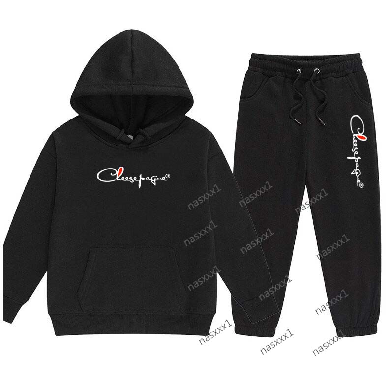 Ensemble haut et pantalon de sport noir en molleton décontracté pour enfants automne/hiver, ensemble deux pièces pour garçons et filles, combinai