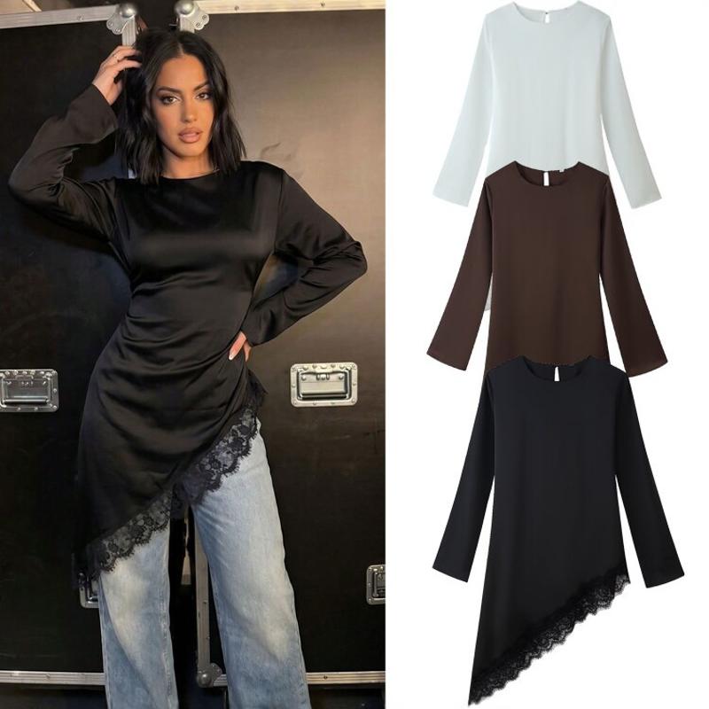 Robe en Satin à manches longues en dentelle pour femmes, coupe cintrée, irrégulière, couleur unie, col rond, décontractée, Streetwear