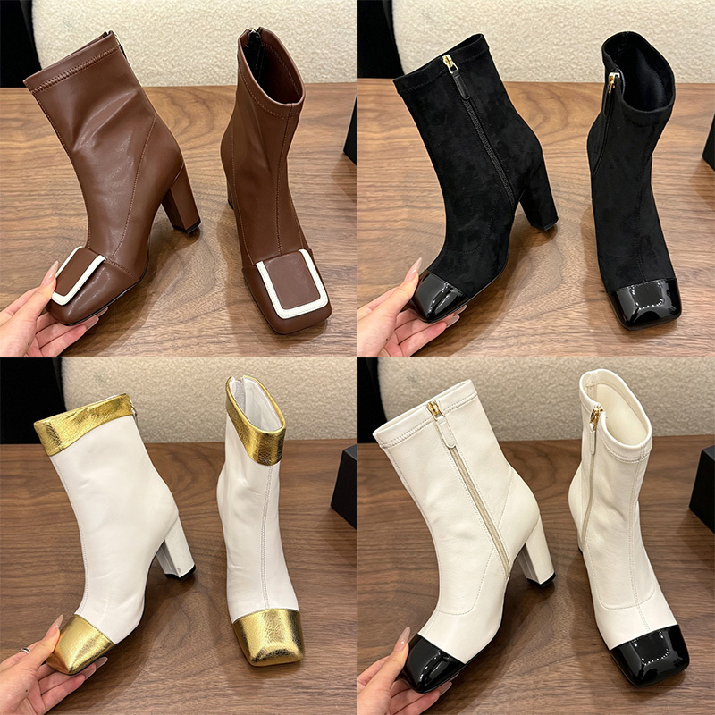 Nuevo comprador mejor elección 2026 Botas de tobillo con punta en contraste y punta cuadrada para mujer, botines elásticos con cremallera lateral y