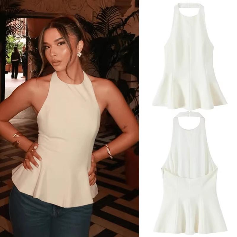 Women's Sexy Halter Neck Sleeveless Vest Top Solid White Streetwear Spring 2026 Chic Clubwear Fashion