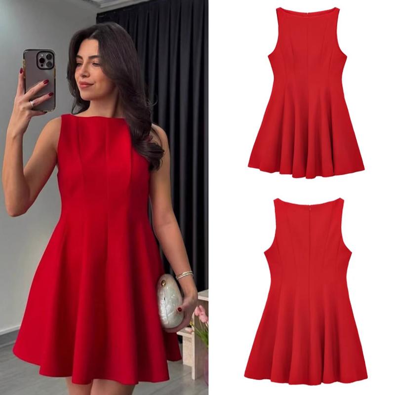Femmes Rouge Uni Col Bateau Sans Manches Mini Robe Taille Haute A-ligne Évasée Fête De Vacances Sexy Streetwear Été Plage Vacances S M L