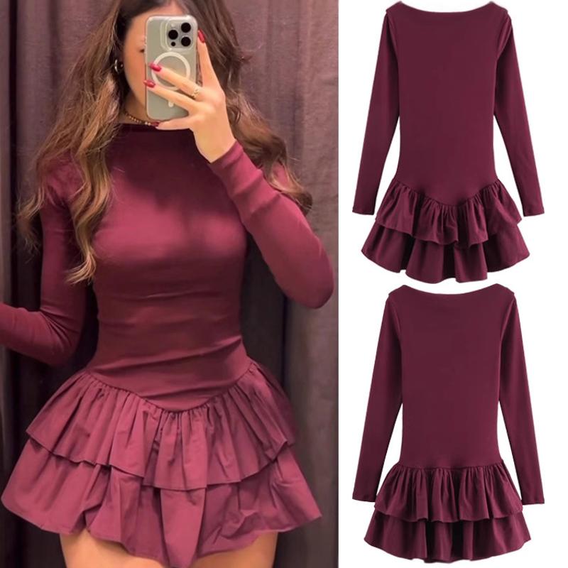 Mini robe trapèze à manches Extra longues pour femmes, col bateau, taille haute, Patchwork, couleur unie, Sexy, décontractée, vacances, printemps