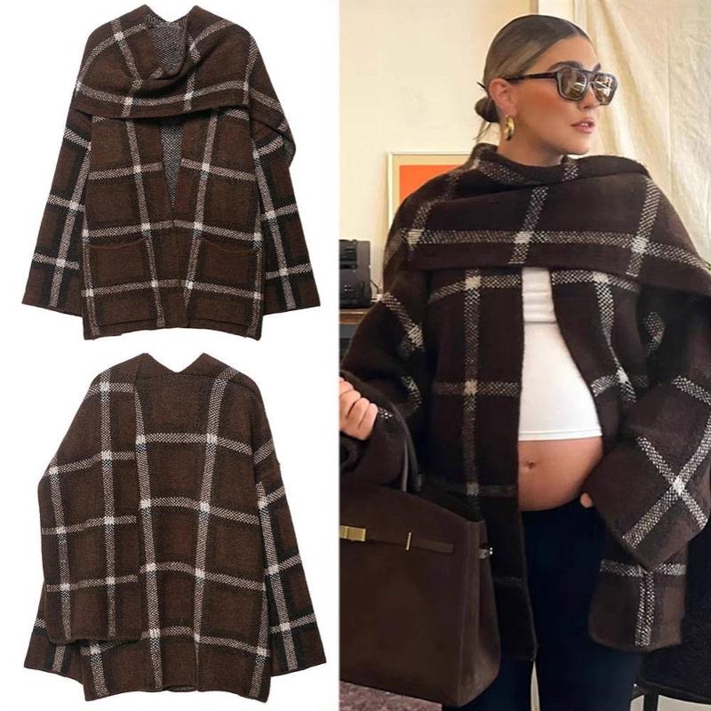 Cardigan en tricot à carreaux pour femmes, manteau, col en v, manches longues, ouvert sur le devant, veste marron, Streetwear, vêtements d'extéri