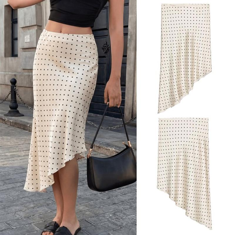 Femmes à pois Satin jupe mi-longue taille haute asymétrique élégant décontracté printemps abricot Polyester S M L