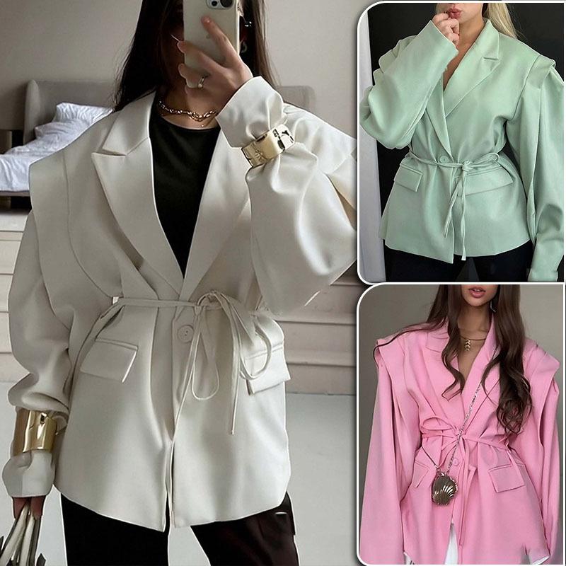 Veste d'été élégante pour femmes, couleur unie, cravate sur le devant, col de costume, manches longues, manteau de bureau, nouvelle collection