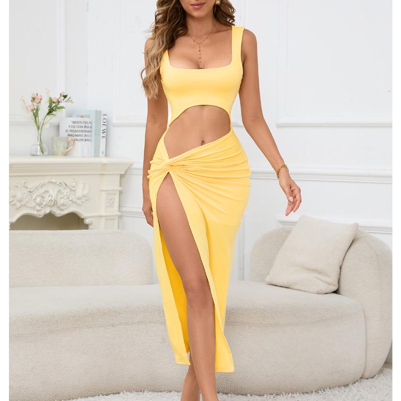 Designer Femmes Sexy Sans Manches Col Carré Découpe Récolte Solide Slim Fit Longue Robe Cami Sexy Party Clubwear XS-L