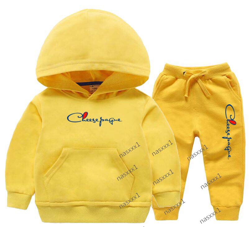 Enfants Marque De Mode Lettre Imprimer 2pcs Pull Jaune À Capuche Pantalon Survêtements 2-13 Ans Garçons Filles Tenues Décontractées Ensembles De