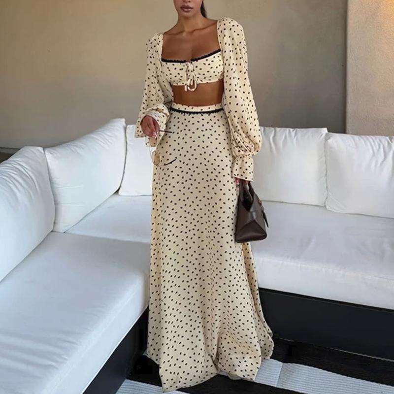 Ensemble deux pièces de styliste pour femmes, haut court à pois, jupe longue, élégant, décontracté, tenue de travail et de trajet, été, S-3XL