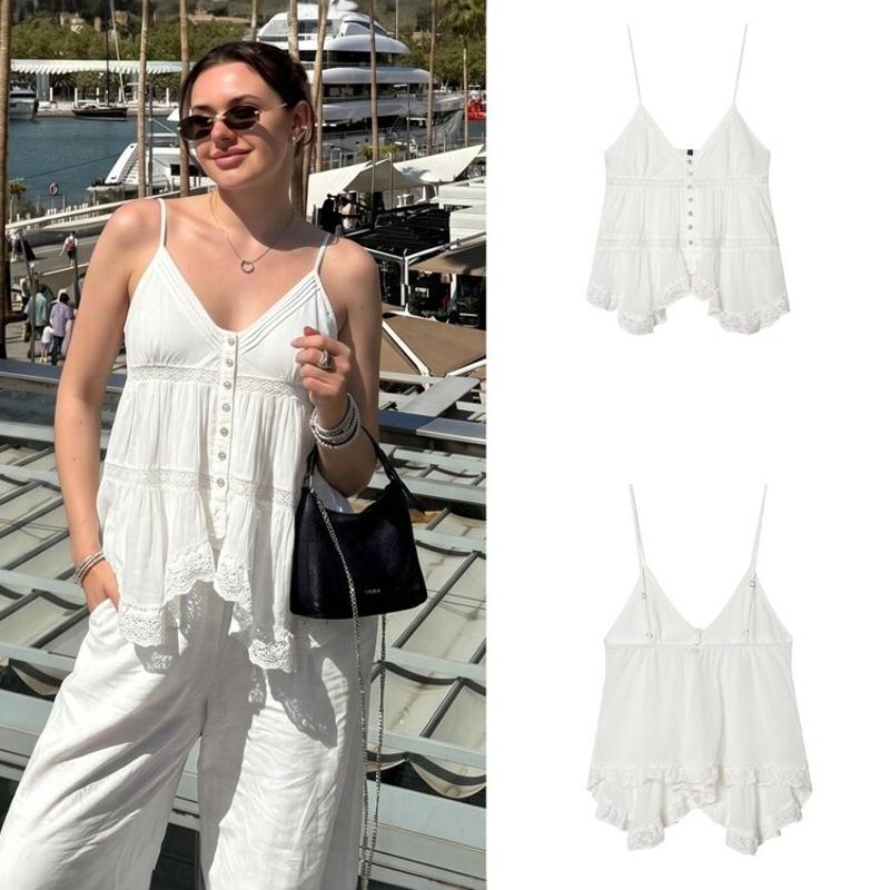 Women Summer White Lace Trim Cami Top French Style Vacation Sleeveless Vest Sexy Chic Niche Design Thin Strap