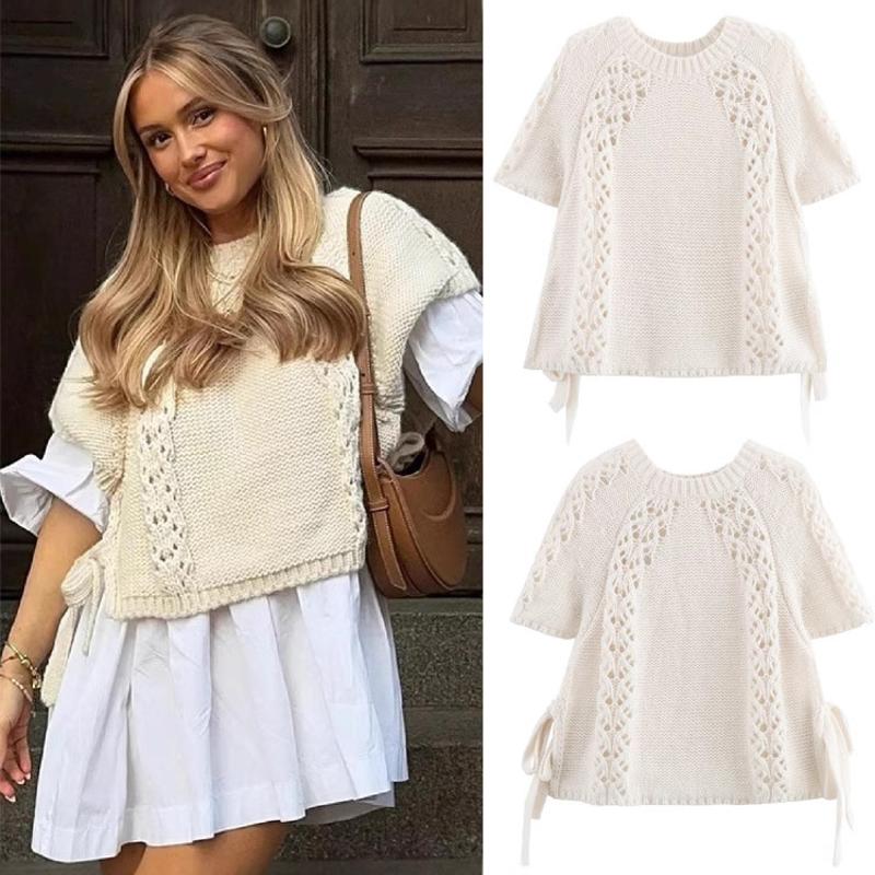 Women's Solid Color Tie-Front Cropped Knit Sweater Top Crew Neck Short Sleeve Loose Streetwear Fall 2024