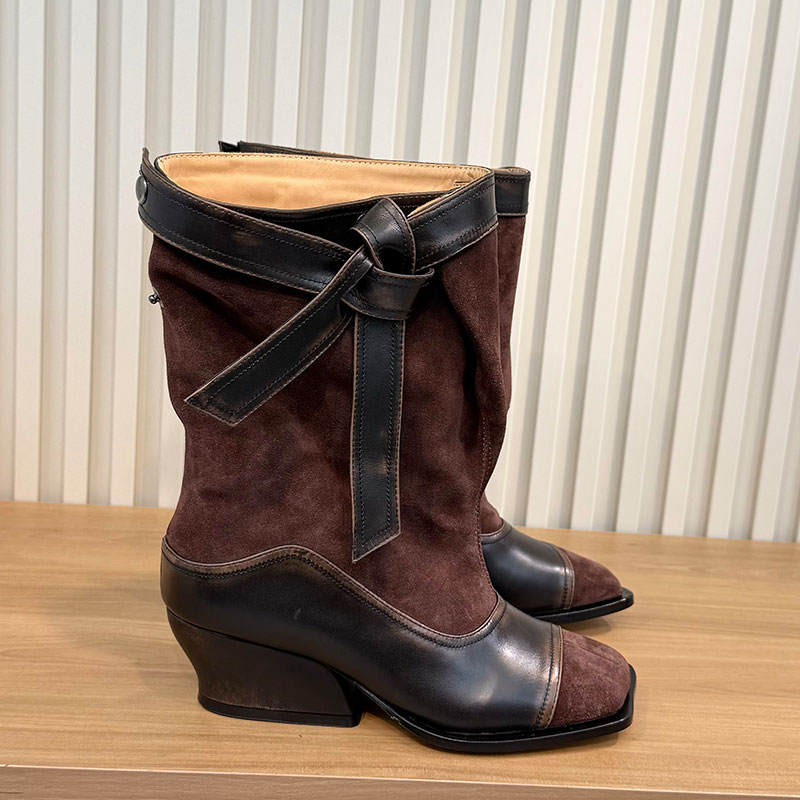 Ladies Half Boots Womens Leather Square Head Boot Designer Patchwork Runway Boots Strap Sheepskin Lining Outdoor Leisure Boot Genuine Leather Outsol