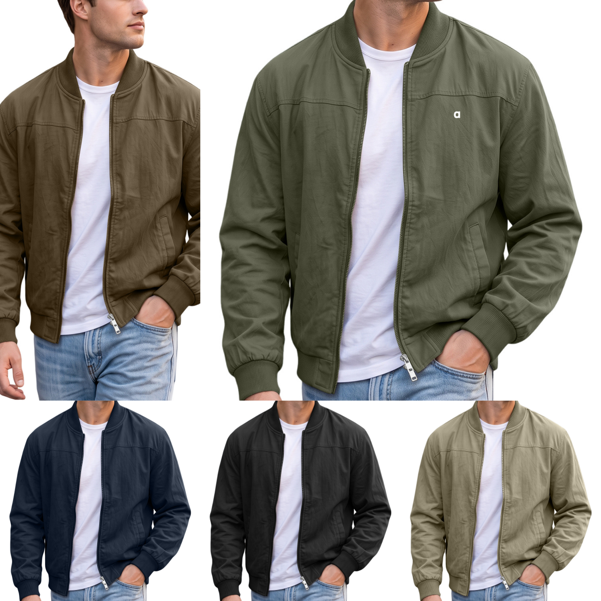 A3179 Men's American-Style Solid-Color Baseball Jacket with Zipper Side Pockets Aviator Jacket Outdoor Sports Jacket