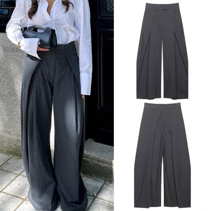 Femmes taille haute rayé jambe large pantalon ample costume décontracté pantalon élégant banlieue été pantalons longs gris