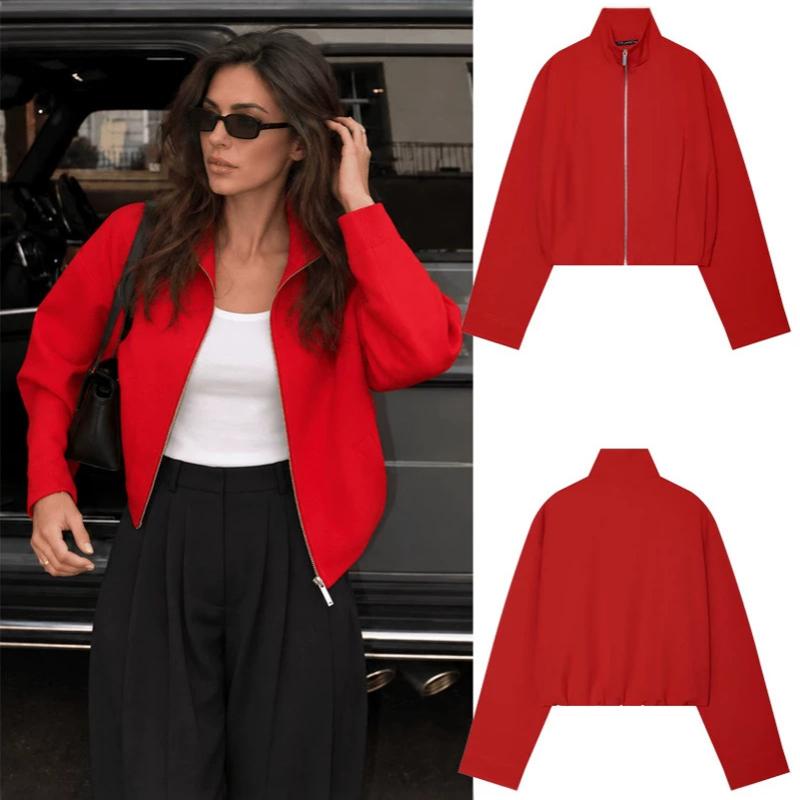 Women's Designer Casual Bomber Jacket Stand Collar Zip Loose Solid Streetwear Spring Autumn Fashion Outerwear