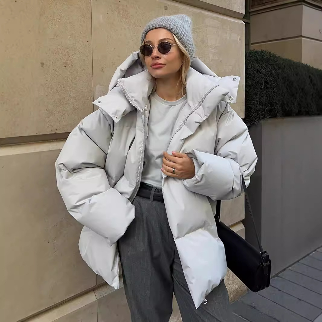 Manteau en coton à capuche décontracté femmes marron col montant poche zippée courte veste ample hiver dame chaud quotidien vêtements d'extérieur