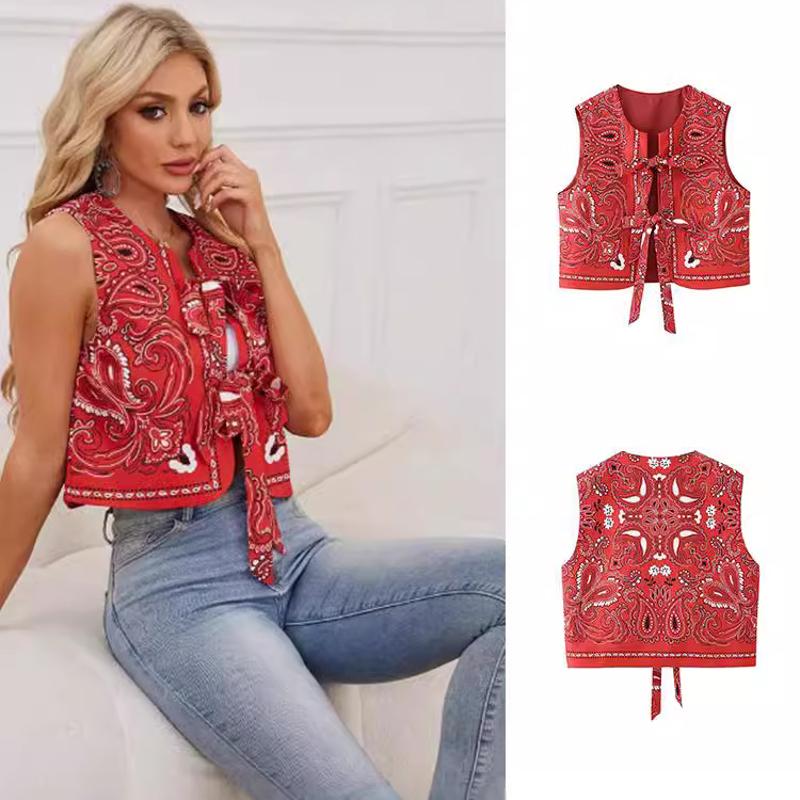 Women's Red Print Lace-Up Vest Top Cropped Loose Fit Round Neck Sexy Streetwear Summer 2026 New Arrival