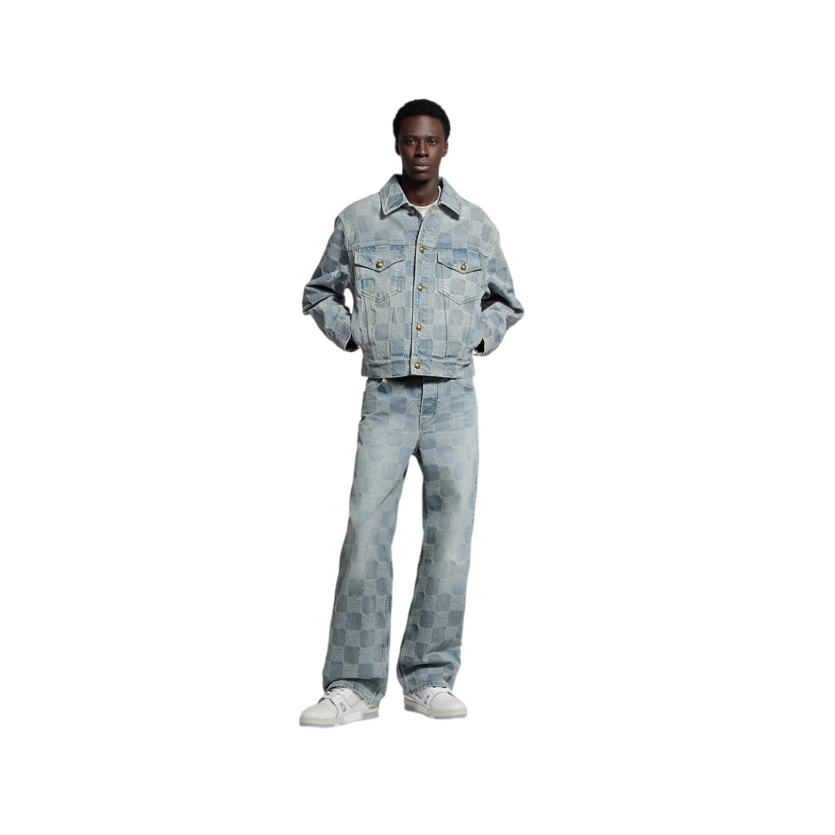 Designer men's denim jacket pants checkerboard set retro washed women's denim suit lapel button jacket wide leg jeans two-piece set casual