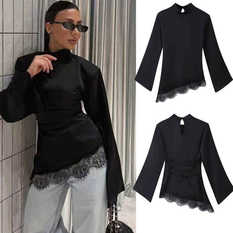 T-Shirt à manches longues en dentelle noire pour femmes, coupe cintrée, Streetwear décontracté, haut d'automne élégant, tenue quotidienne