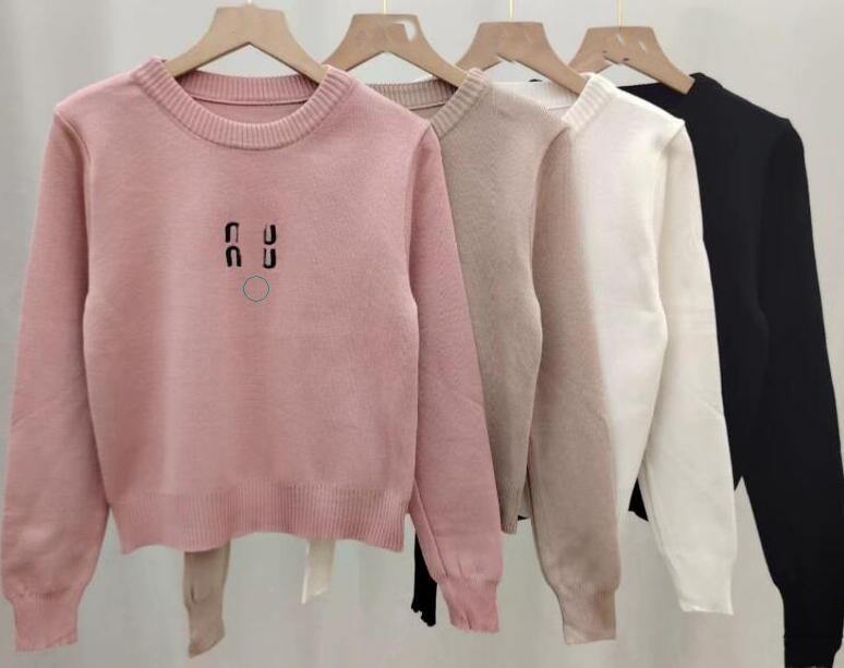 Women Crew Neck Letter Embroidery Knit Sweater, Long Sleeve Solid Color Soft Knitted Pullover Casual Basic Knit Top