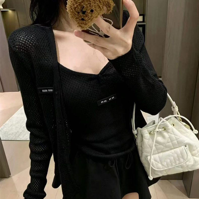 Elegant Women Knit Cardigan Camisole Suit Sexy V Neck Hollow Mesh Outwear Thin Shoulder Straps Slim Vest Summer Travel Dating Wedding Chic Gentle Kn