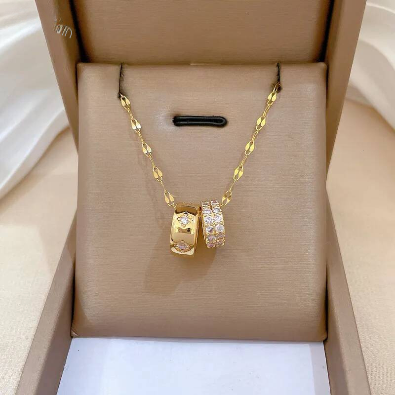 Brand Designer Jewelry Steel Double Ring Small Waist Fashion Light Luxury Elegant Gorgeous Full Diamond Necklace For Women Versatile Collarb Hot