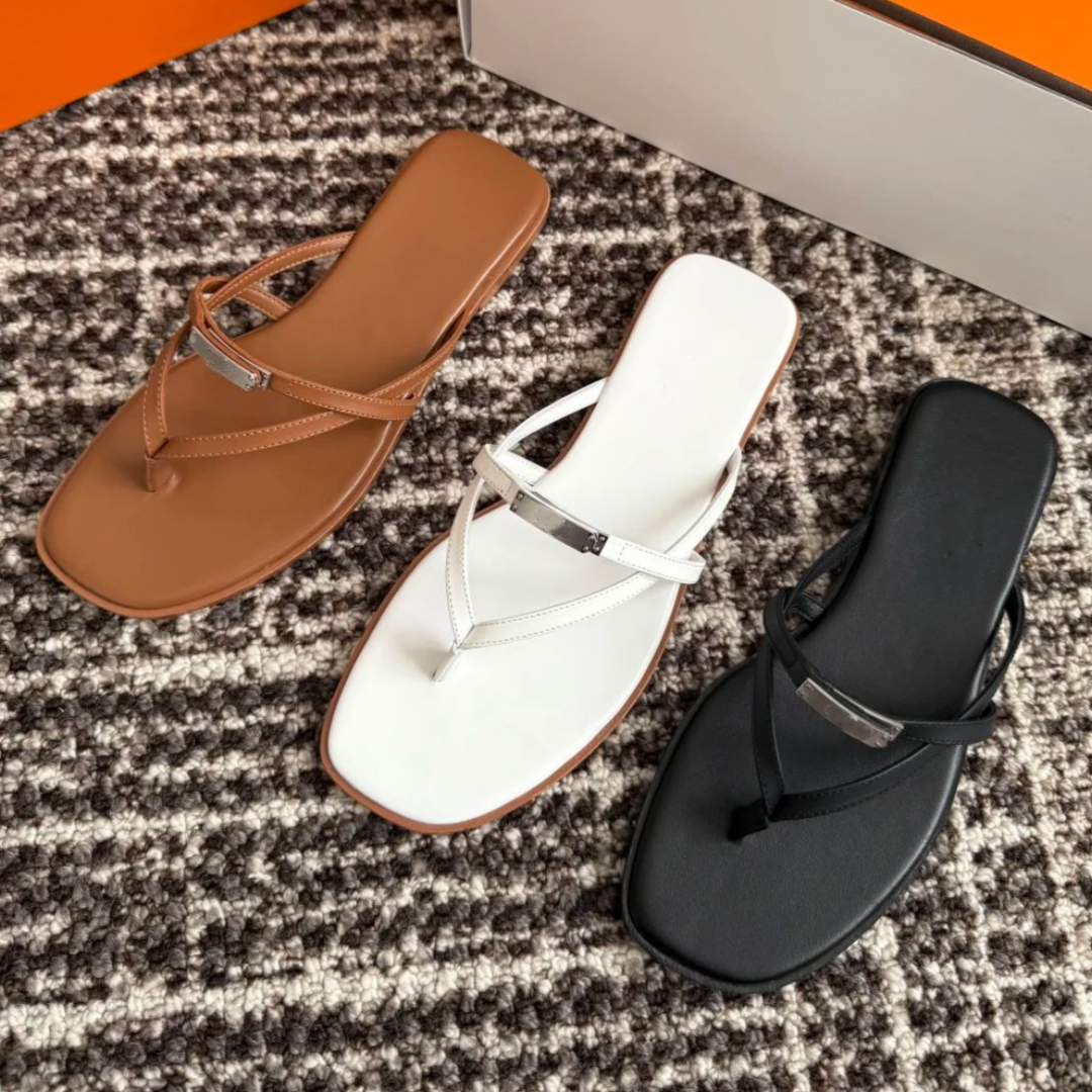 Womens flip flop leather Sandal Designer slipper Mule Flat Heel slide Luxury Sandale Beach Mirror quality Casual travel Summer Orange Fashion Buckle