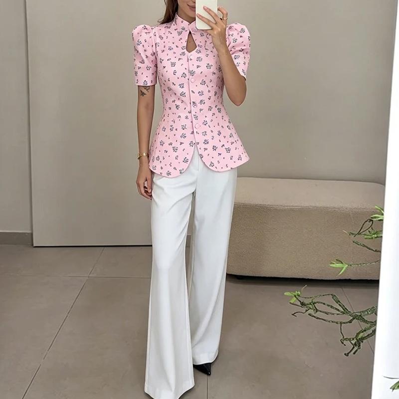 Chemisier imprimé d'été pour femmes, simple boutonnage, col à revers, élégant, décontracté, polyvalent, chemise rose, S-3XL