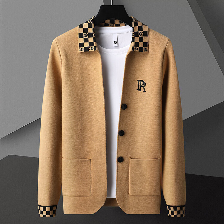 Designer Men Basic Cardigan Sweater Luxury Trend Lapel Knit Coat, Jacquard Splice Cuff Breathable Machine Washable Outdoors Jacket Loose Solid Youth