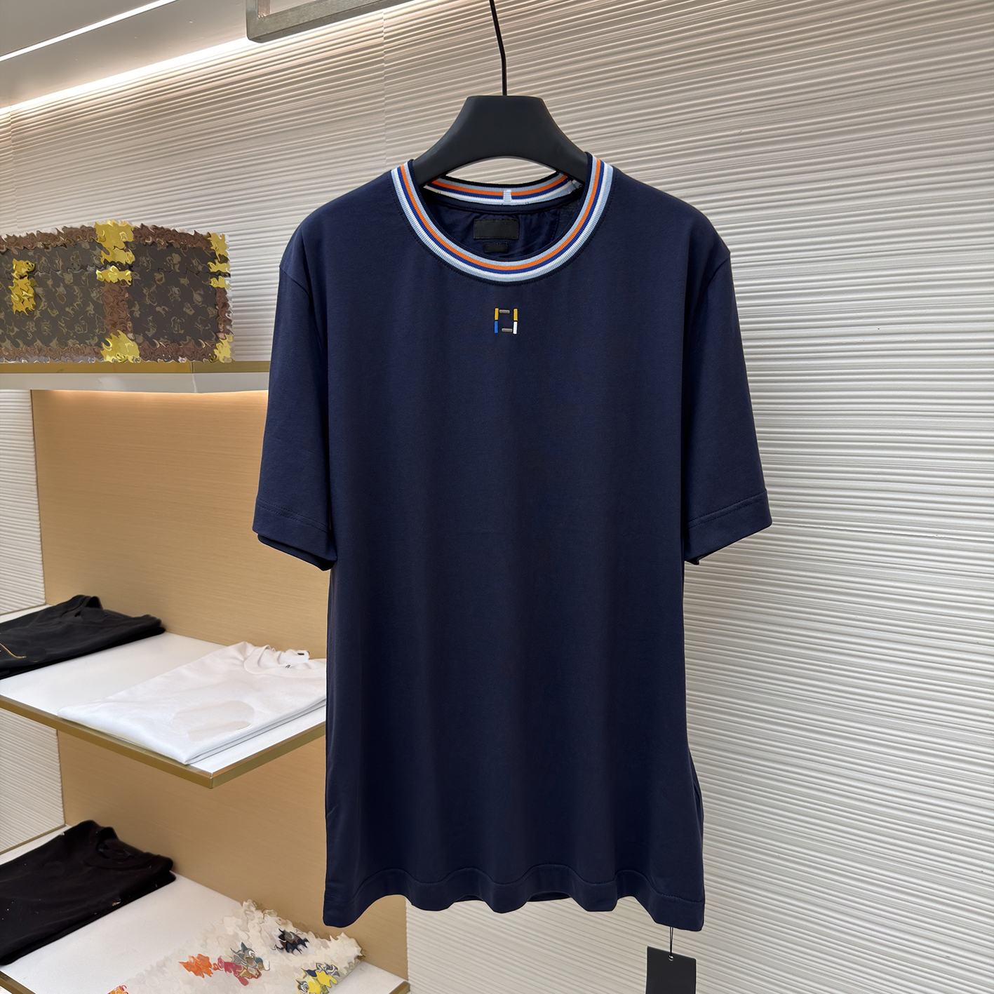 Designer brand clothing, high-quality men's blue stripe ribbed round neck short sleeved T-shirt, colorful FF embroidery half sleeve, simple emb