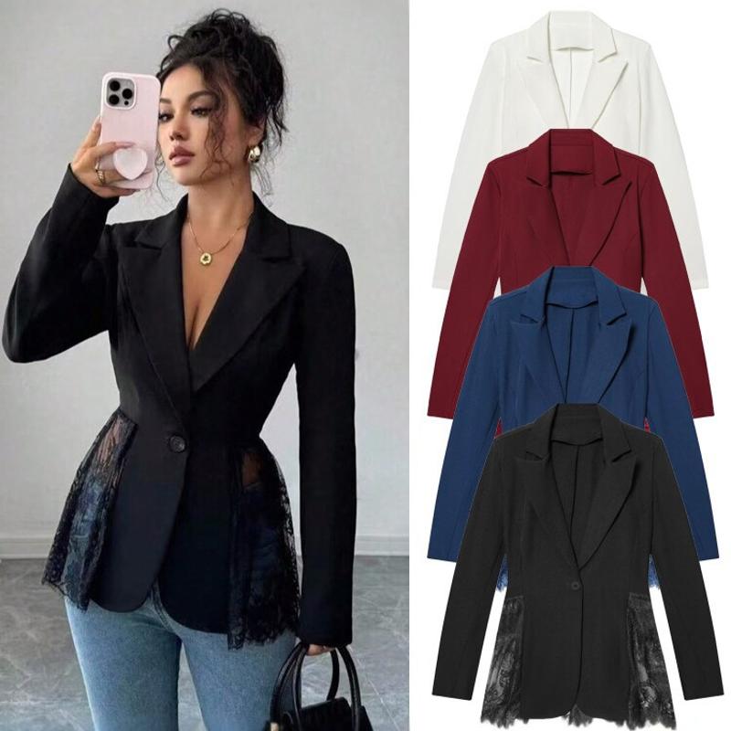 Blazer de styliste en dentelle pour femmes, Patchwork, taille cintrée, coupe cintrée, manches longues, simple boutonnage, élégant, banlieue, prin