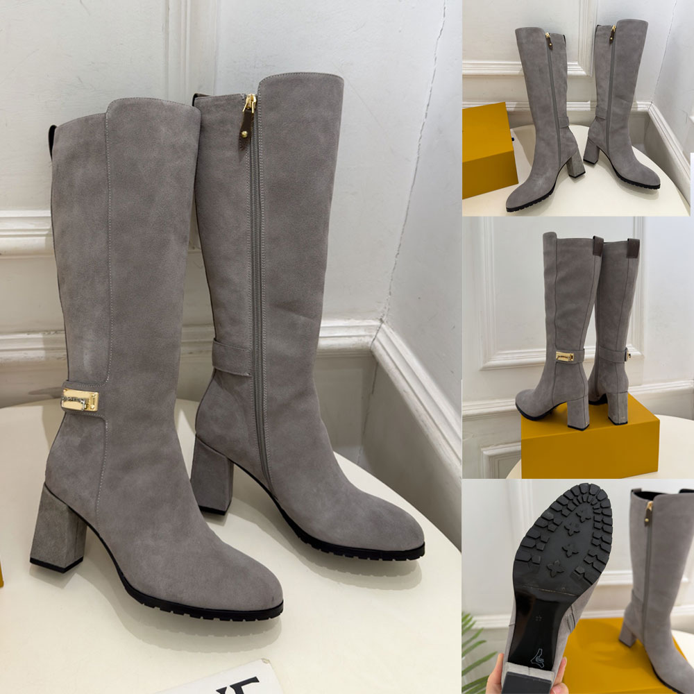 Donna High Boot Botas altas hasta la rodilla de diseñador para mujer 1AKHM2 Bota de cuero de becerro de gamuza gris para mujer Tacón grueso Marca de