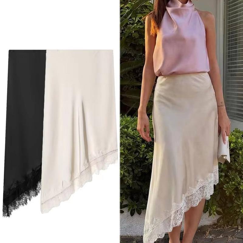 Jupe mi-longue en Satin et dentelle pour femmes, couleur unie, avec ourlet irrégulier, Streetwear décontracté, tailles automne 2026, XS-L