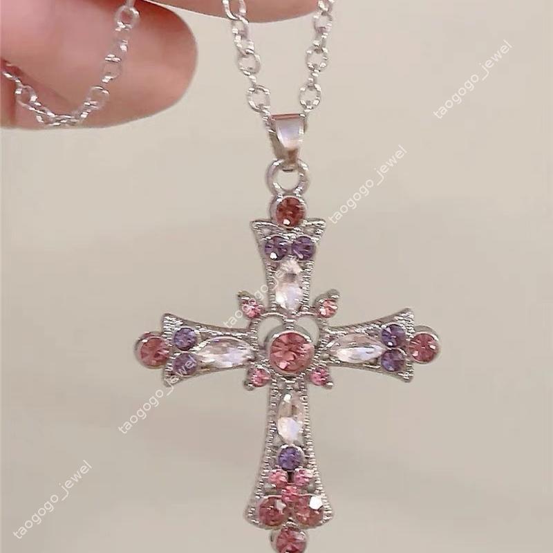 Y2K Gothic Cross Necklace for Women Men Rhinestone Diamond Pink Green White Cross Pendant Choker Chain Sweet Cool Jewelry