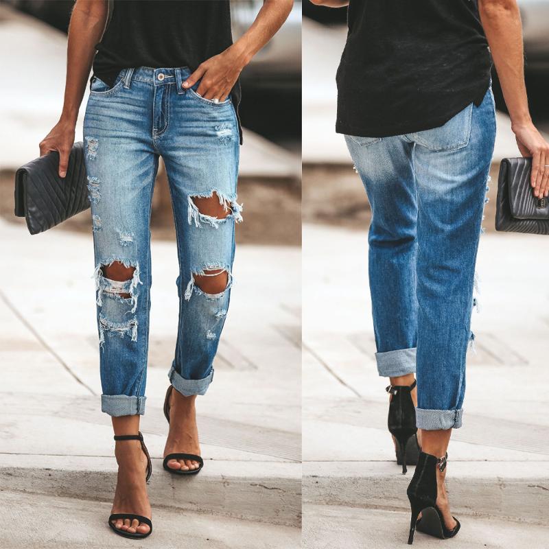 Jean déchiré à jambe droite pour femme, pantalon en Denim, bleu délavé, taille moyenne, décontracté, nouvelle collection été S-XXL