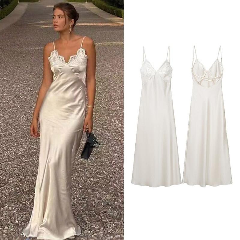 Women White Lace Satin Slip Maxi Dress V Neck Sleeveless High Waist Slim Fit Spring Party Date Club Sexy Elegant