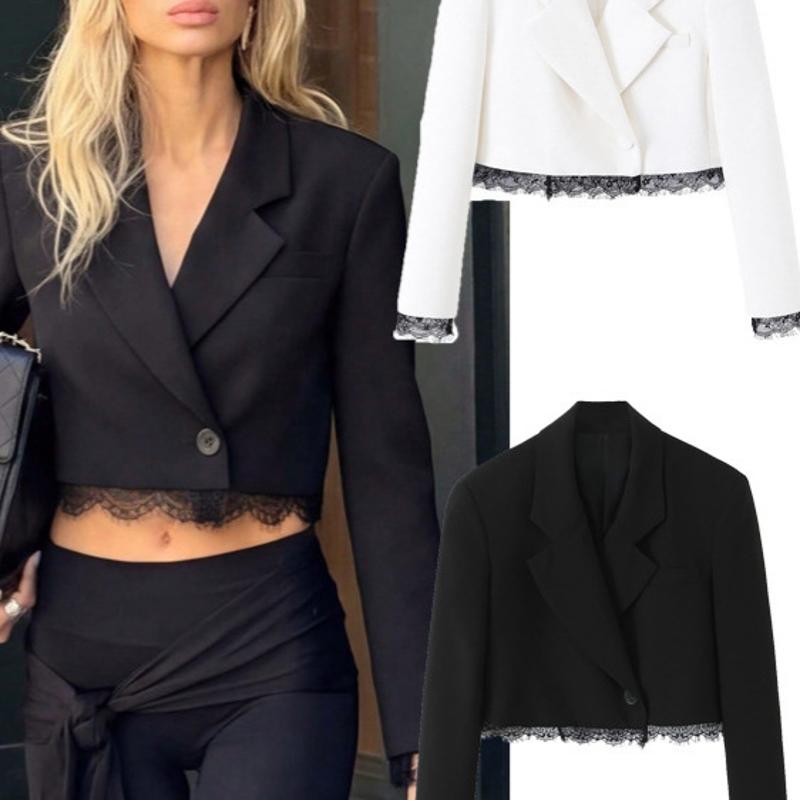 Blazer court avec bordure en dentelle de styliste, un bouton, manches longues, couleur unie, veste streetwear décontractée, printemps automne, bu