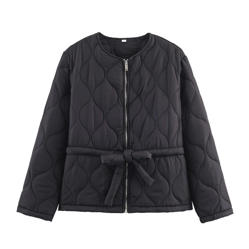 Designer Quilted Padded Bomber Jacket Geometric Zip Up Long Sleeve Round Neck Short Coat Casual Streetwear