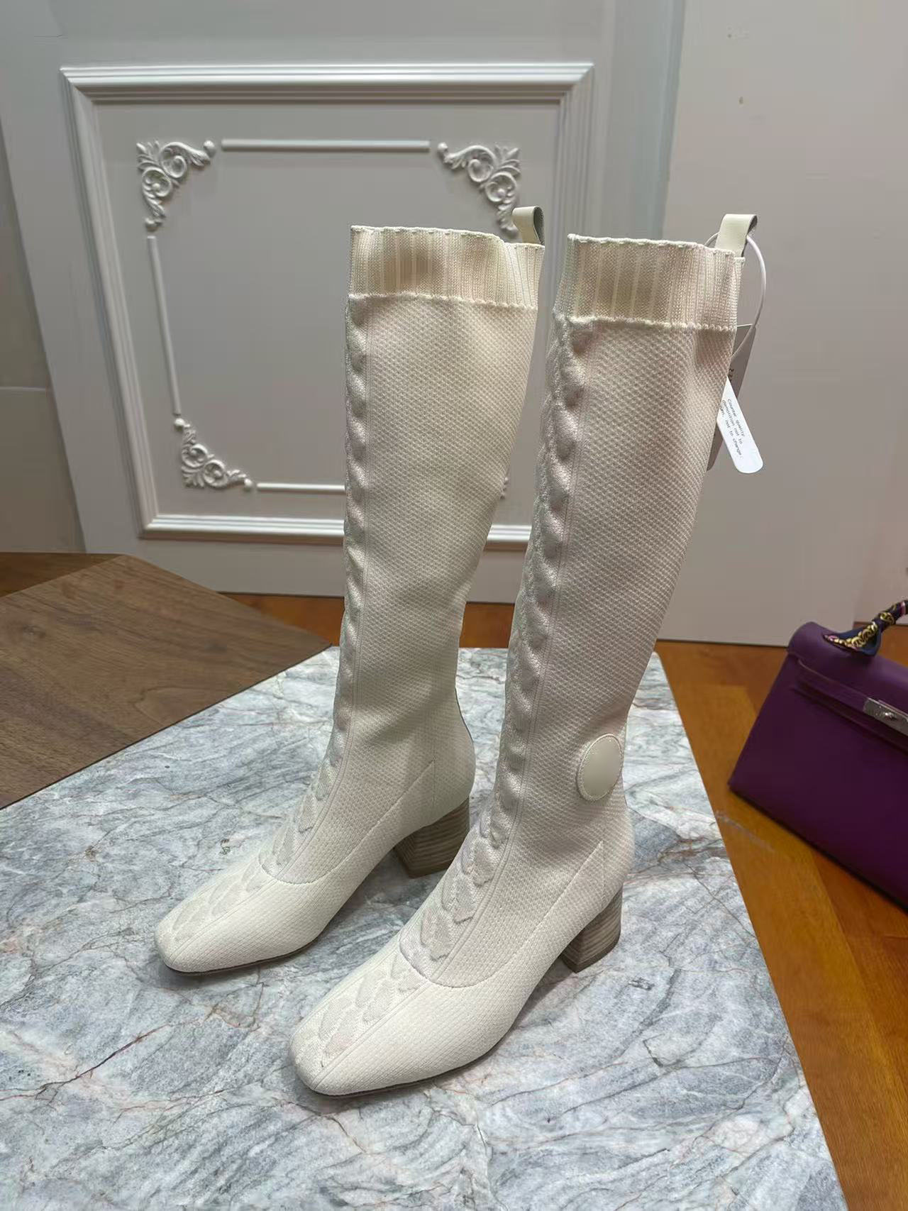 Designer Womens Boots Top Quality Fashion Square Head Knitted Elastic Boots Coarse Heel High Barrel Thin Boots Rice White Long Boots Middle Heel Lea