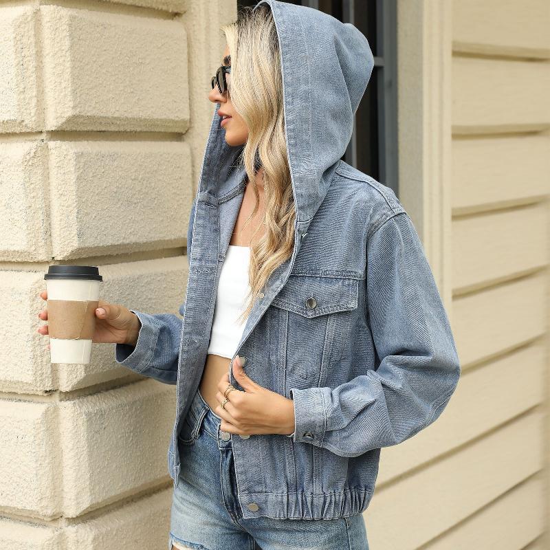 Veste en jean à capuche lavée pour femme, coupe ample, manches longues, streetwear, printemps été, manteau en jean décontracté, bleu, noir, gris,