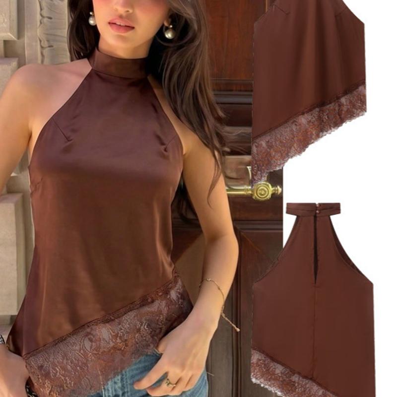 Débardeur en Satin pour femmes, col licou, garniture en dentelle, couleur unie, Streetwear d'été, vente en gros, mode, gilet sans manches, S M L