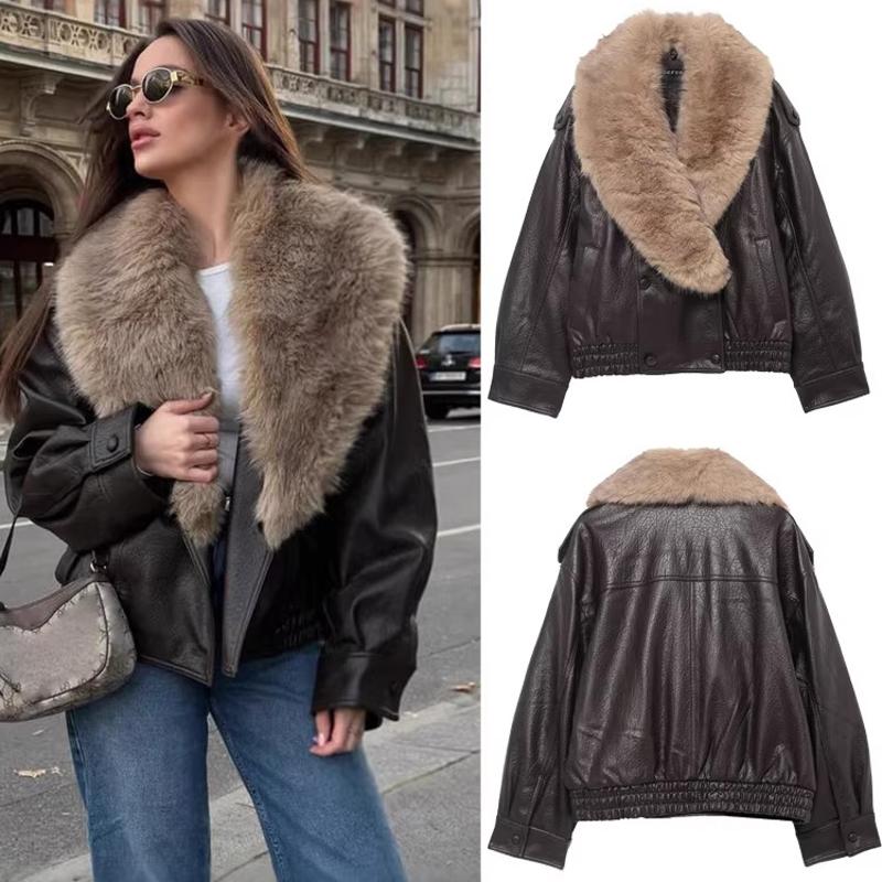Veste en cuir PU pour femmes, manteau à col en fausse fourrure, Streetwear, vêtements d'extérieur d'automne et d'hiver, poches décontractées, ves