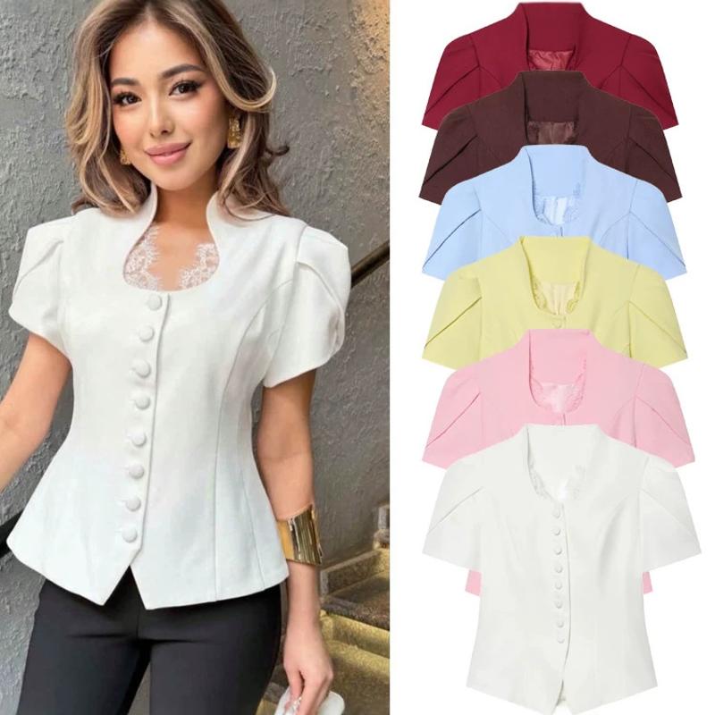 Women's Spring Pure Color Short Sleeve Waist Cinched Blazer Jacket Button Design Versatile Casual Streetwear Top