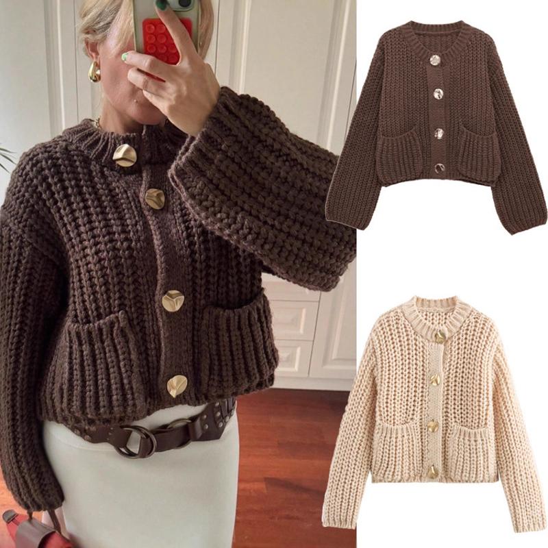 Cardigan en tricot épais pour femmes, pull à manches longues, col ras du cou, poche boutonnée, couleur unie, automne hiver, Streetwear, vêtements