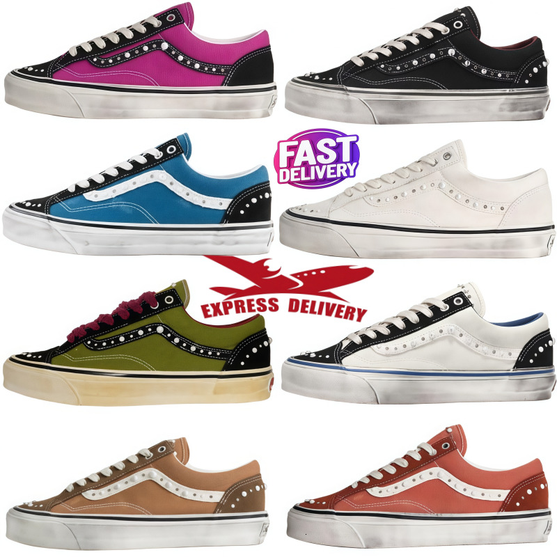Old Skool Studded Canvas Skate Sneakers Men Women Distressed Low Top Side Stripe Casual Shoes Rivet Decor Vintage Flat Walking Trainers Multi Color