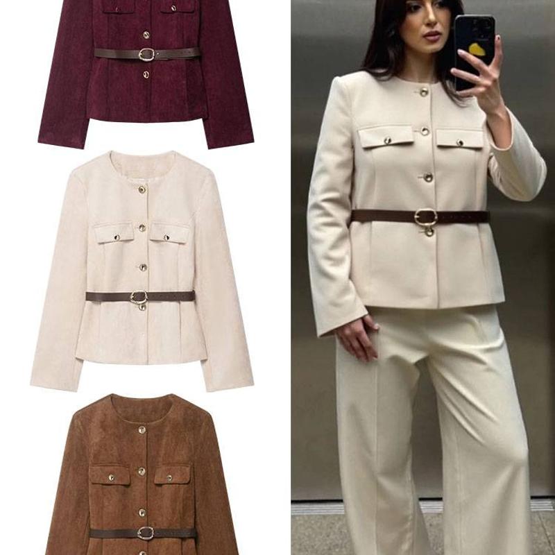 2026 Fall Women's Suede-Look Round Neck Belted Blazer Commuter Solid Single-Breasted Jacket Coat XS-L