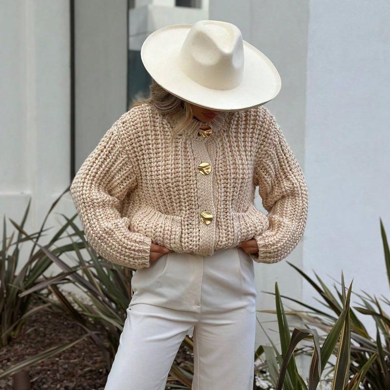 Cardigan en tricot épais pour femmes, pull avec poches boutonnées, col rond, couleur unie, Streetwear